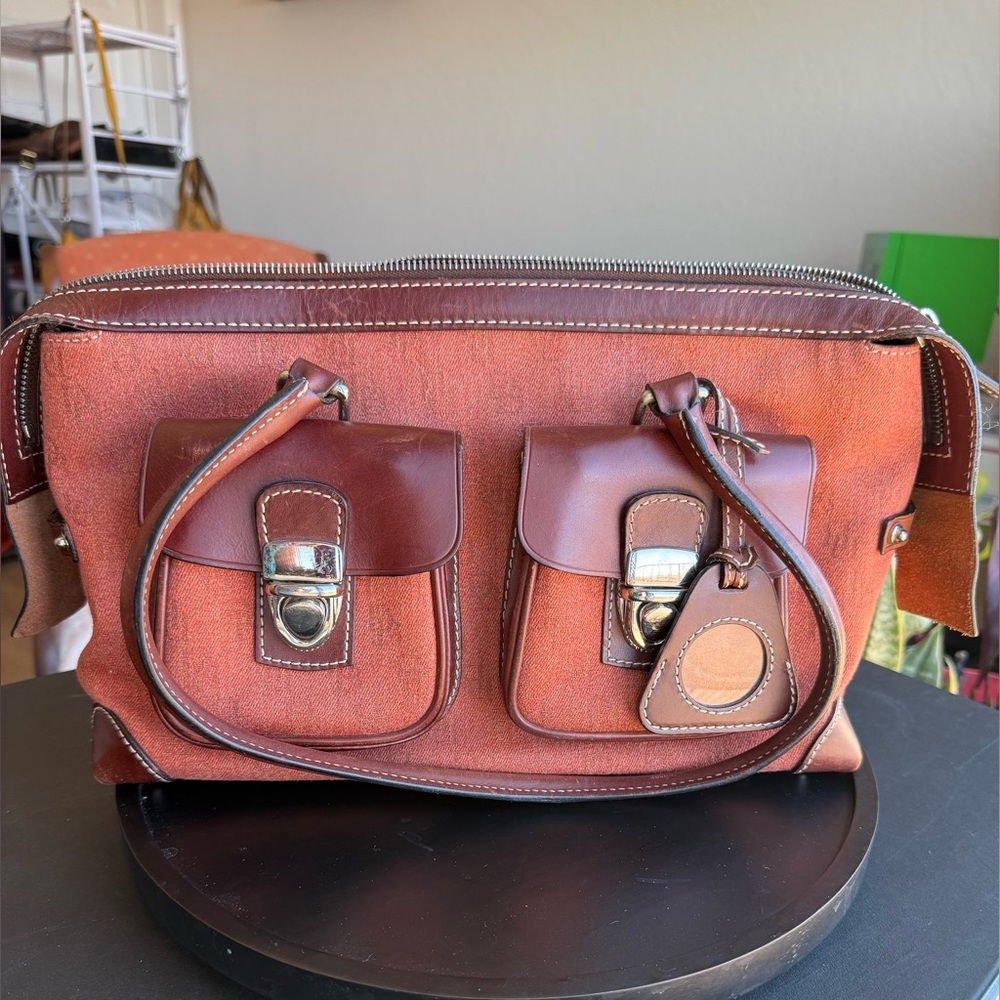 Dooney & Bourke Terracotta/Brown Monogrammed Jacquard and Leather Satchel